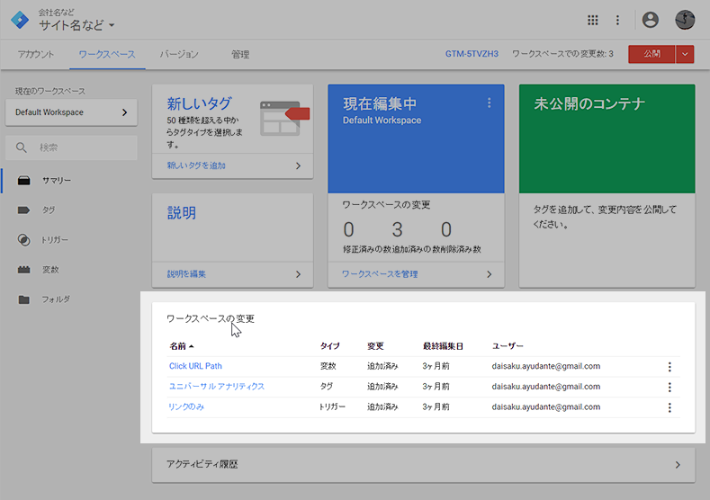 サマリーへ表示されるのはワークスペースの変更まとめ