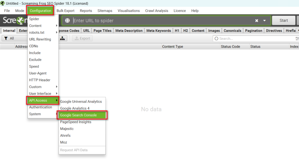 Screaming FrogのConfiguration>API Access > Google Search Consoleからの連携
