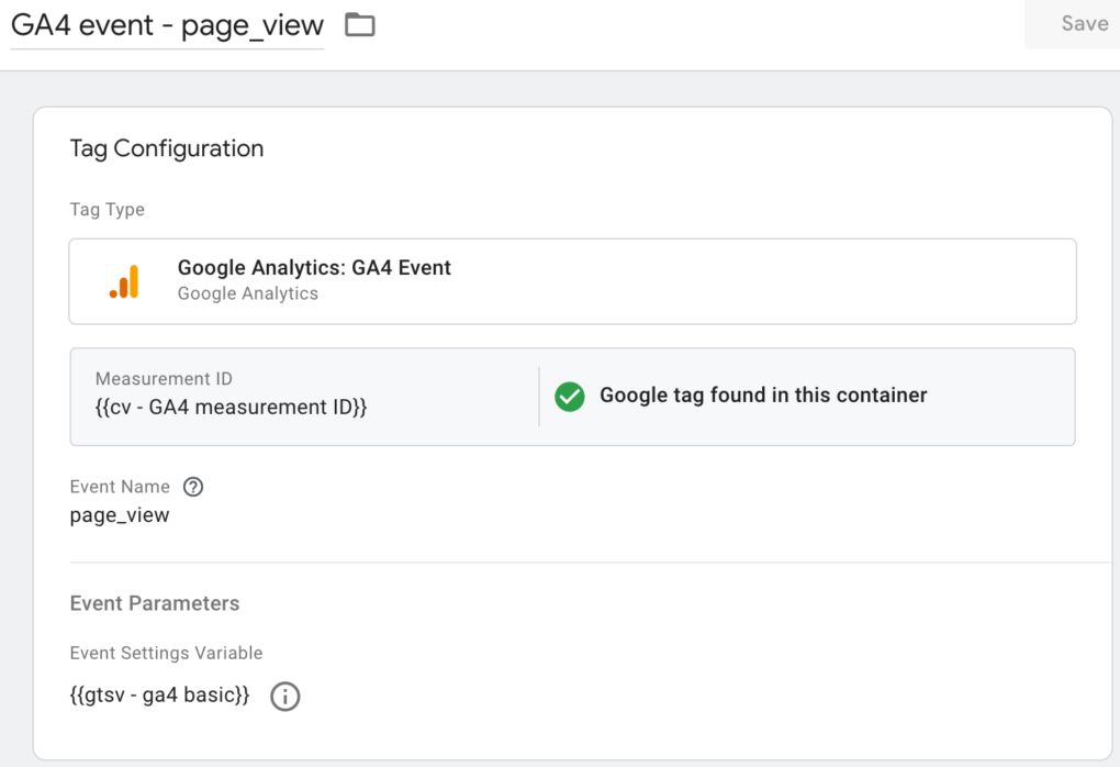 page_viewイベントを計測するGA4イベントタグの設定画面