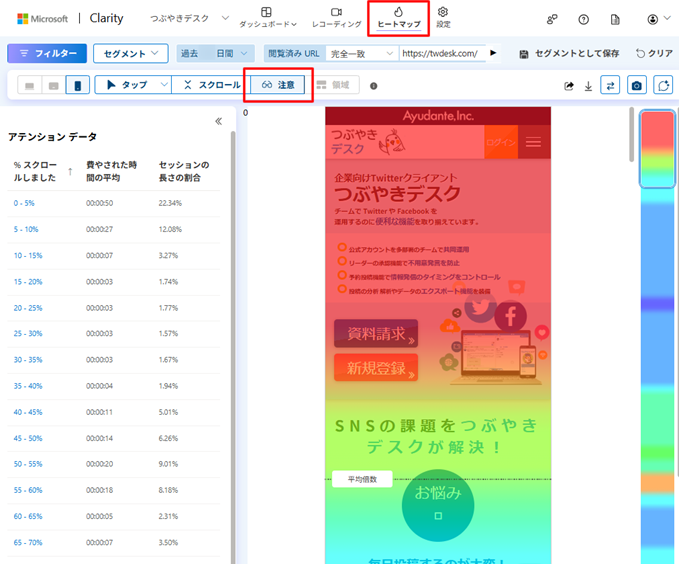 アテンションヒートマップの操作画面