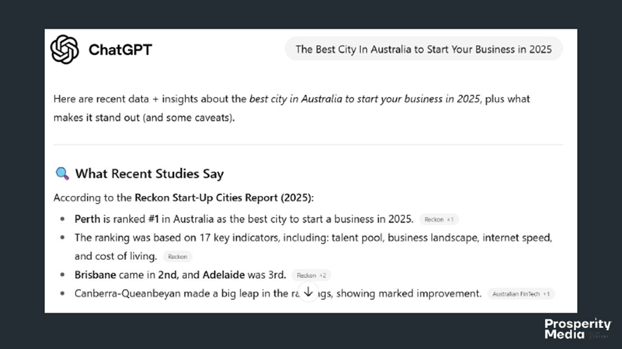 オーストラリアで起業するのに向いている都市ランキングのChatGPTの結果